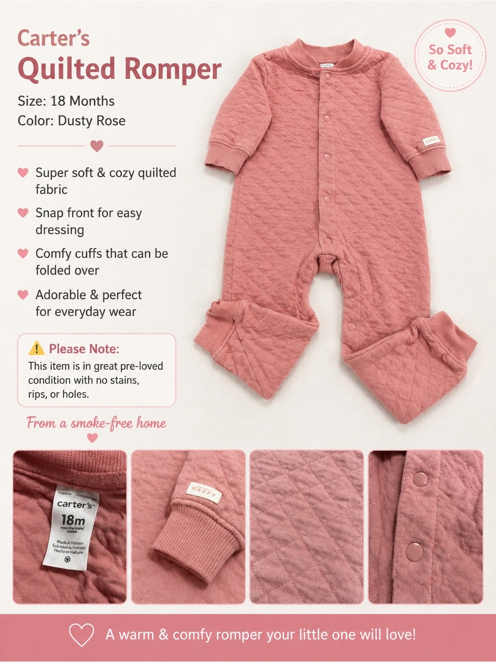 Carter’s Quilted Pink Romper | 18 Months | Cozy One-Piece Outfit